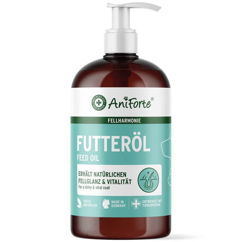 AniForte® Futteröl für glänzendes und vitales Fell, in Deutschland hergestellt, 100 % natürlich, mit Pumpverschluss.