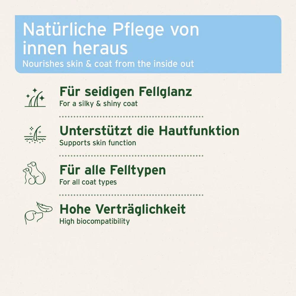 AniForte® Vitalpulver für die natürliche Pflege des Fells und der Haut von Tieren. Fördert seidigen Fellglanz, unterstützt die Hautfunktion und ist für alle Felltypen geeignet. Das Produkt ist besonders gut verträglich und unterstützt die natürliche Pflege von innen.
