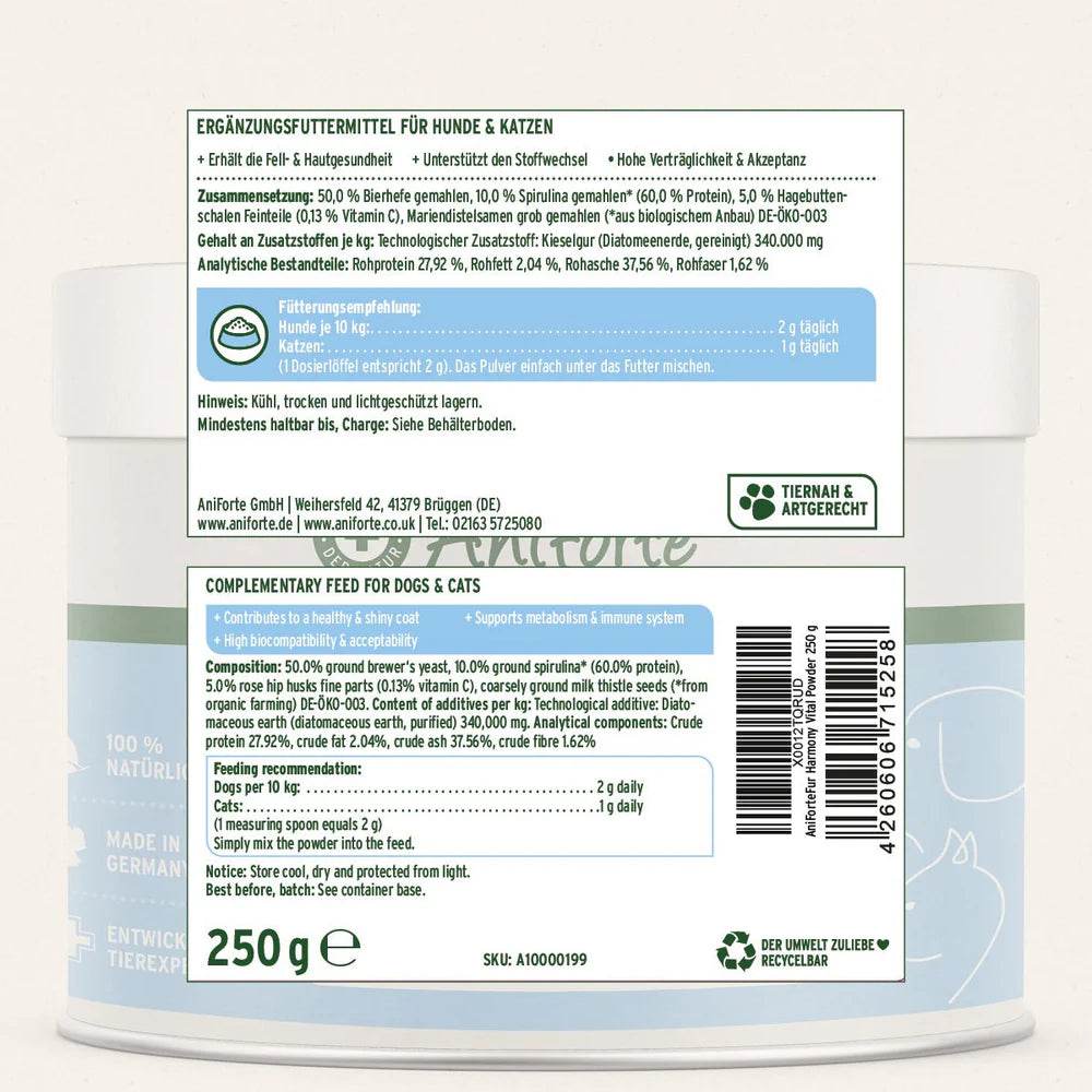 Zusammensetzung und Fütterungsempfehlung für AniForte® Vitalpulver. Enthält Bierhefe, Spirulina, Hagebutte und Mariendistel. Fütterungsempfehlung: 2 g täglich für Hunde je 10 kg und 1 g täglich für Katzen. Einfach ins Futter mischen.