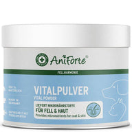 AniForte® Vitalpulver für Hunde und Katzen zur Unterstützung der Haut- und Fellgesundheit. Das Pulver liefert Mikronährstoffe, die das Fell glänzend und gesund halten. Das Produkt ist zu 100% natürlich und wird in Deutschland hergestellt.