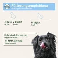 Fütterungsempfehlung für AniForte® Vitalpulver. Hunde erhalten 2 g täglich pro 10 kg Körpergewicht, Katzen 1 g täglich. Einfach ins Futter mischen, mit hoher Akzeptanz.