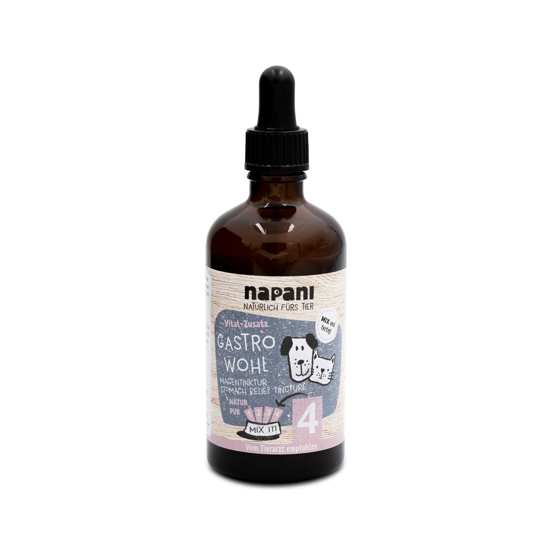 Flasche mit GastroWohl Magen Tinktur für Hunde und Katzen – alkoholfrei, enthält Kamille, Eibisch, Malvenblüten und Melisse zur Unterstützung der Magen-Darm-Gesundheit.