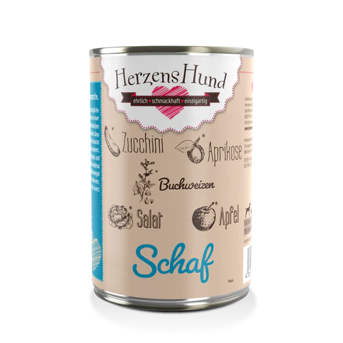 Dose von HerzensHund Bio-Schaf mit Zutaten wie Zucchini, Aprikose, Buchweizen, Salat und Apfel. Die Verpackung hebt die natürlichen Inhaltsstoffe des Produkts hervor.