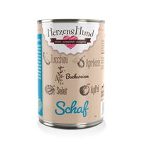 Dose von HerzensHund Bio-Schaf mit Zutaten wie Zucchini, Aprikose, Buchweizen, Salat und Apfel. Die Verpackung hebt die natürlichen Inhaltsstoffe des Produkts hervor.