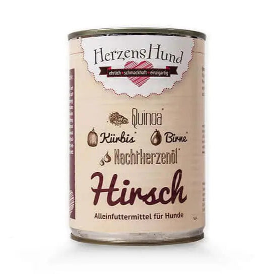 Hirsch-Nassfutter für Hunde mit 65 % Hirschfleisch aus nachhaltiger Jagd, Quinoa, Kürbis, Birne und Nachtkerzenöl – allergenarm und bioqualität für empfindliche Hunde