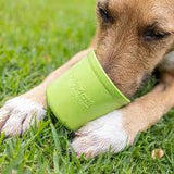  Hund genießt den LickiMat Yoggie Pot – Anti-Schling Hundenapf aus Naturkautschuk, der langsames Fressen fördert und geistige Stimulation bietet.