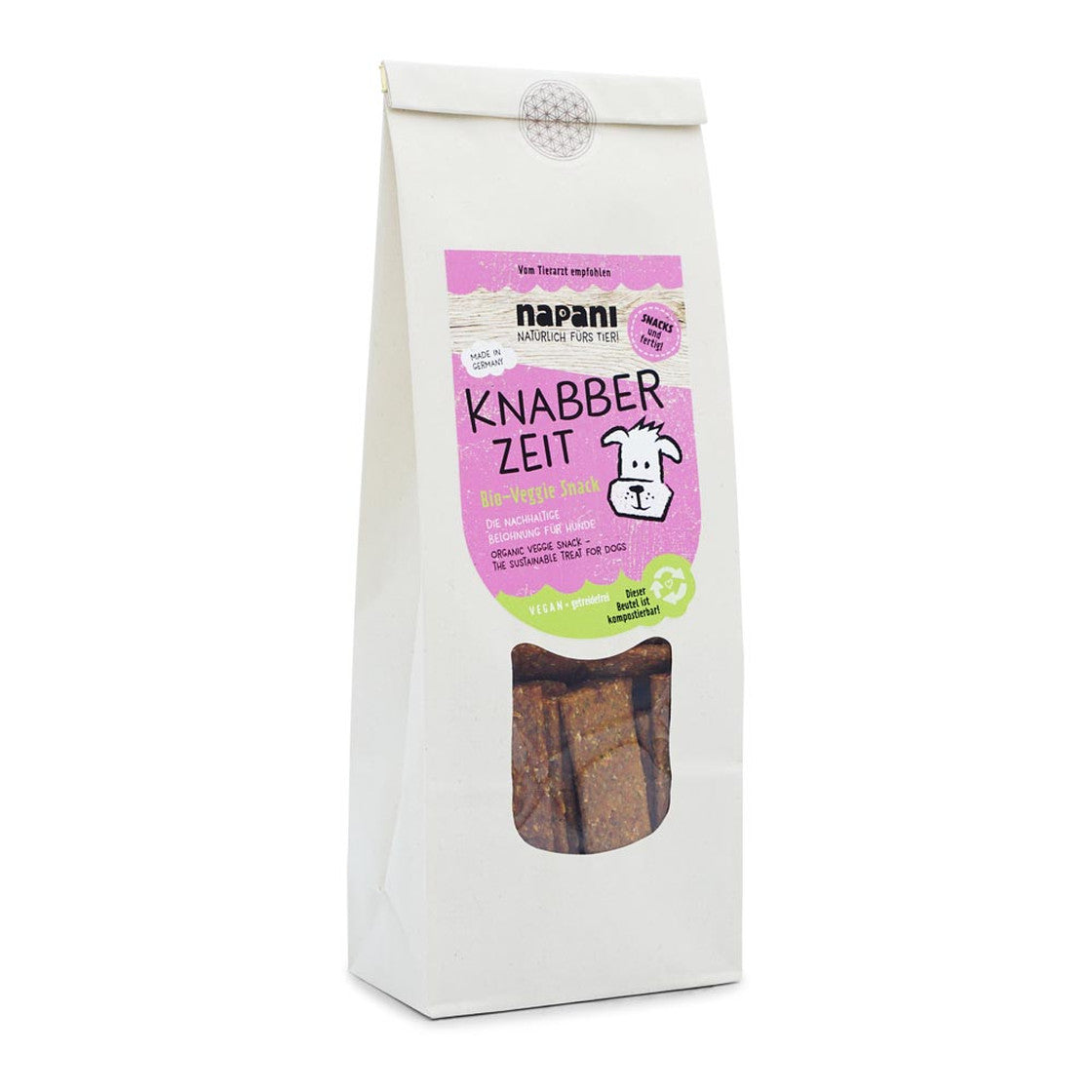 Knabber Zeit Veggie Snack – purinarme, vegane Hundesnacks aus Bio-Karotten, Äpfeln und Kartoffelflocken, ideal für ernährungssensible Hunde