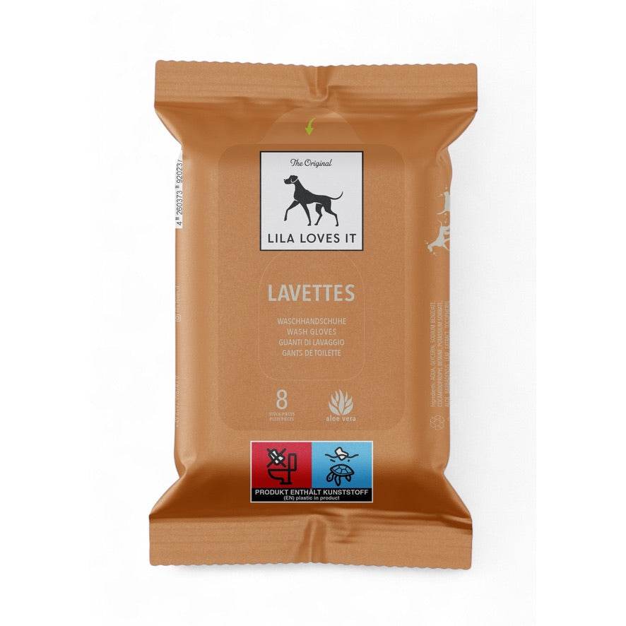 LAVETTES von LILA LOVES IT – feuchte Einmal-Handschuhe zur Reinigung und Pflege von Haut und Fell, dermatologisch getestet und mit Aloe Vera angereichert, für Hunde und Katzen.
