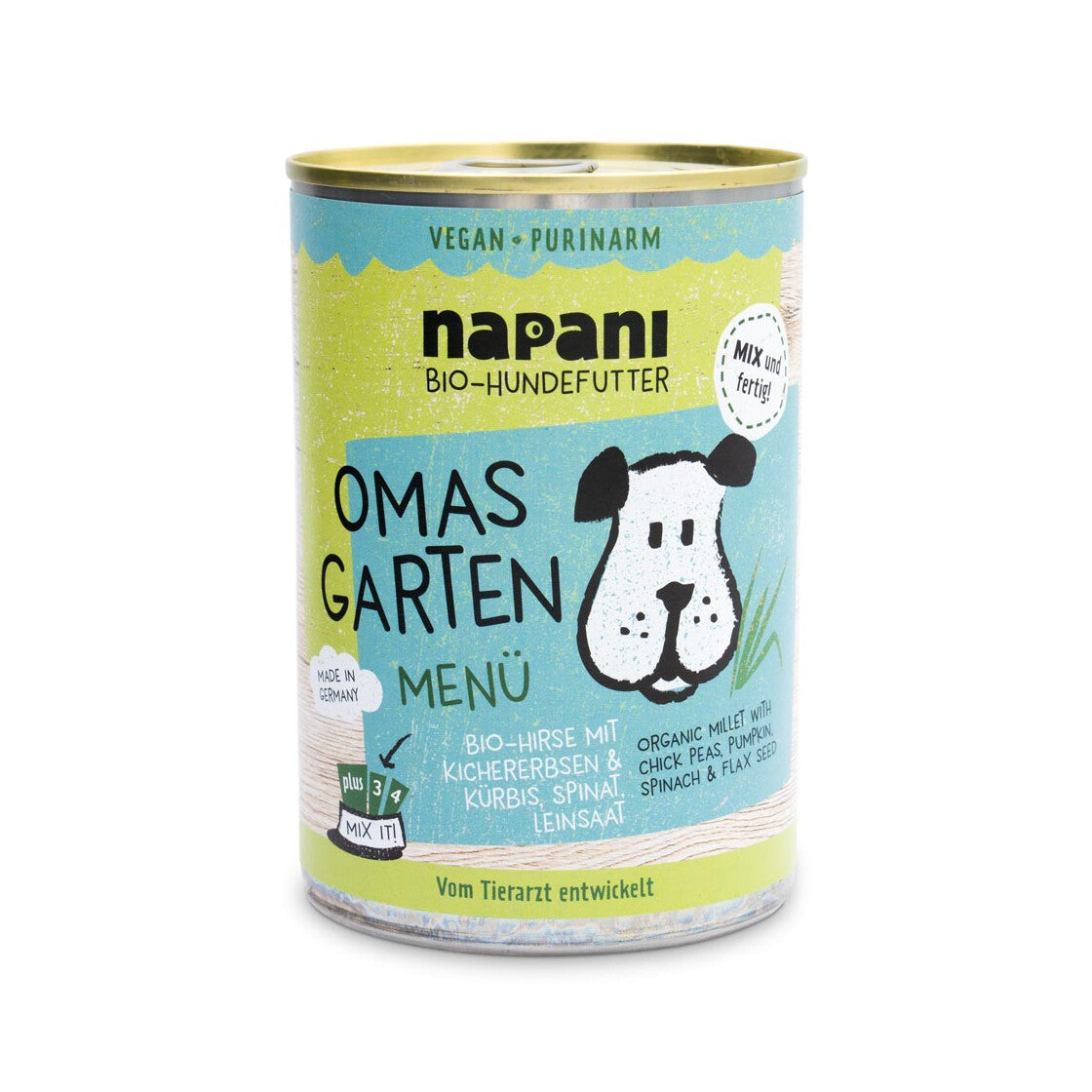 Veganes Bio-Hundefutter „Omas Garten“ mit regionalen Zutaten, schonend gegart, purinarm und ideal für Allergiker, Nierenfutter und nachhaltige Ernährung.
