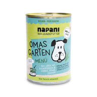 Veganes Bio-Hundefutter „Omas Garten“ mit regionalen Zutaten, schonend gegart, purinarm und ideal für Allergiker, Nierenfutter und nachhaltige Ernährung.