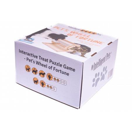 Verpackung des Pet’s Wheel of Fortune, einem interaktiven Intelligenzspielzeug für Hunde, das geistige Stimulation und Geschicklichkeit fördert, abgebildet mit einem Hund, der das Rad dreht, um Belohnungen zu erhalten.