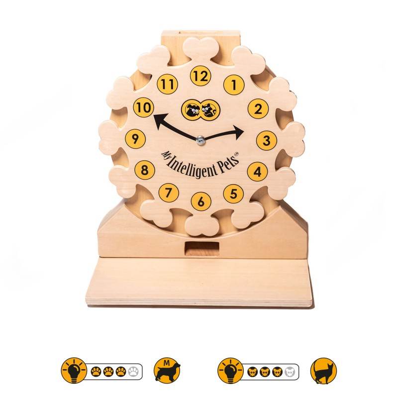 Pet's Clock, das interaktive Puzzle für Hunde und Katzen, mit einer drehbaren Uhrplatte, die Belohnungen freigibt, um die geistige Stimulation und Problemlösungsfähigkeiten von Haustieren zu fördern.