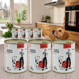 Poodlewohl Bio Nassfutter Bundle mit 6 Dosen in einer Küche.