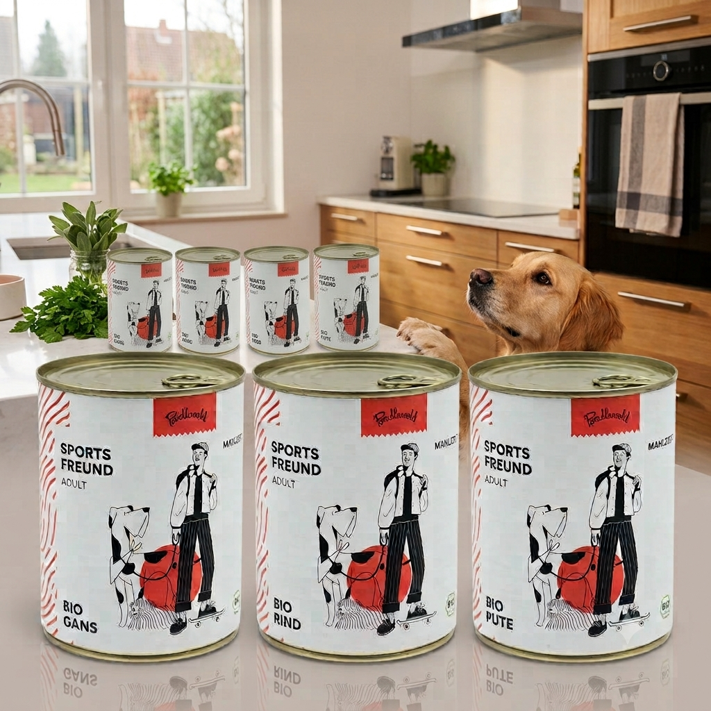Poodlewohl Bio Nassfutter Bundle mit 6 Dosen in einer Küche.