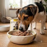Älterer Hund frisst Poodlewohl Bio Nassfutter Pute Senior aus einem Futternapf.
