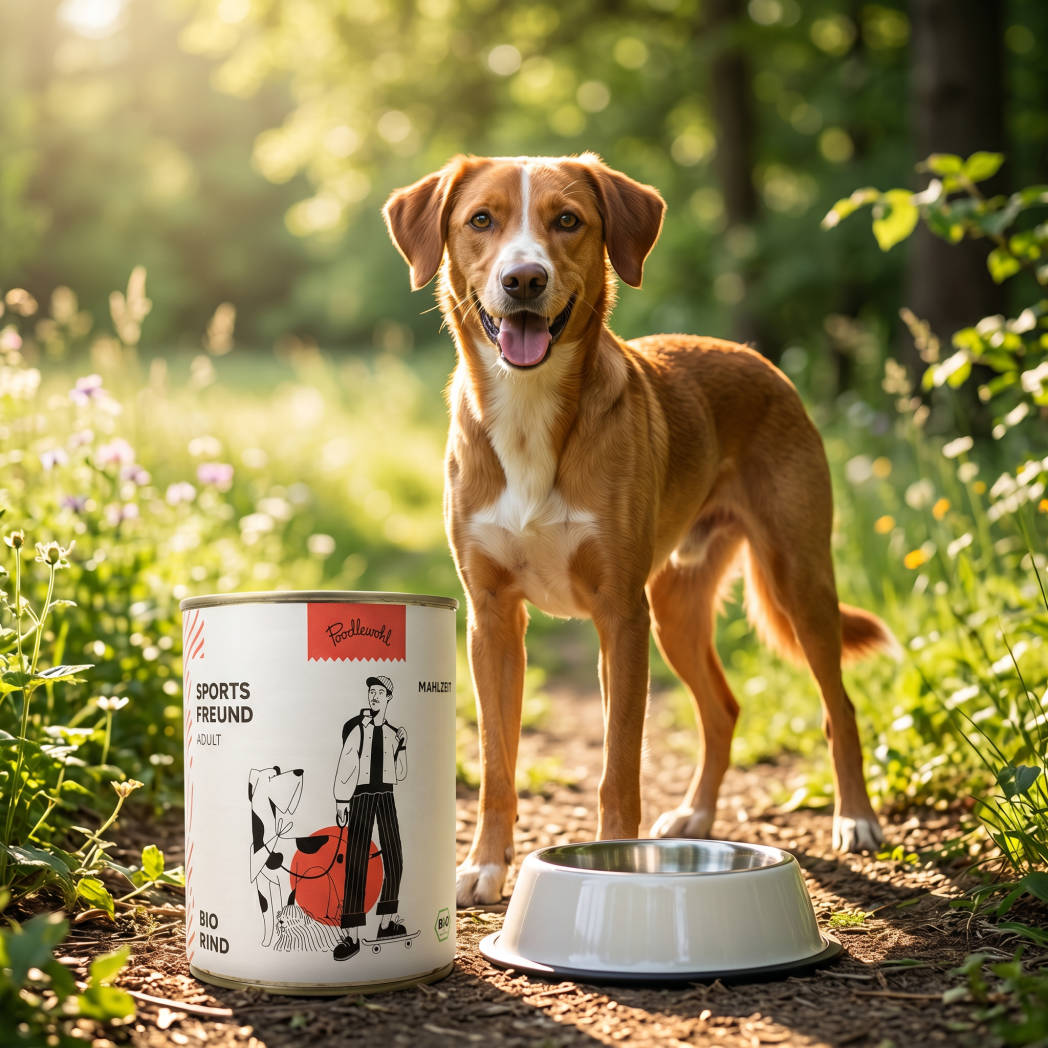 Poodlewohl Sportsfreund Bio Nassfutter Rind Adult mit Hund und Futternapf in natürlicher Waldszene