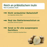  Infografik über die Vorteile von Topinambur, das reich an präbiotischem Inulin ist, das nicht verdaulichen Ballaststoff liefert, das Bakterienwachstum anregt und so für eine ausgewogene Darmflora sorgt.