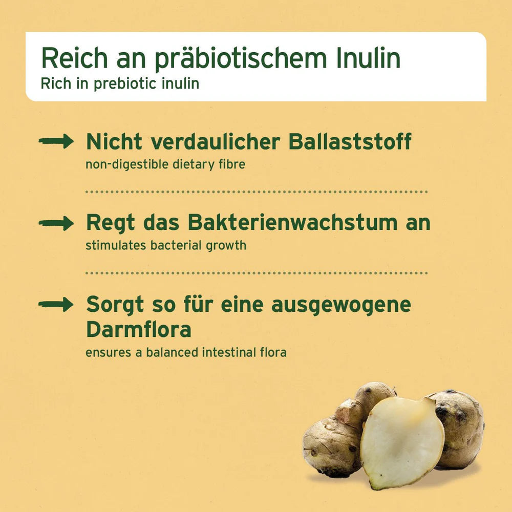  Infografik über die Vorteile von Topinambur, das reich an präbiotischem Inulin ist, das nicht verdaulichen Ballaststoff liefert, das Bakterienwachstum anregt und so für eine ausgewogene Darmflora sorgt.