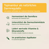 Infografik über Topinambur als natürliches Darmregulativ, das die Darmflora harmonisiert, die Darmschleimhäute unterstützt und wertvolle Vitamine sowie Mineralstoffe liefert. Es wird in einem praktischen Applikator angeboten.