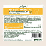 Rückseite eines Etiketts für Aniforte Prebiotic Topinpur Vet – Natürliches Darmregulativ, das eine Fütterungsempfehlung enthält. Hunde bis 10 kg: 1 ml täglich, Hunde über 50 kg: 5 ml täglich, Katzen: 1 ml täglich. Das Produkt enthält Jerusalem-Artischocken-Konzentrate und verschiedene Mineralstoffe sowie Vitamine.