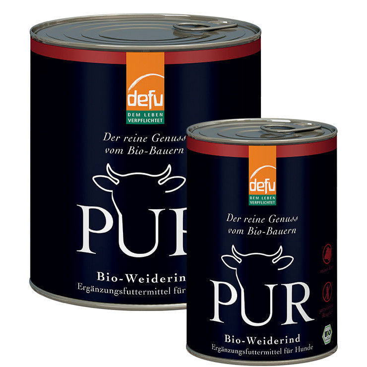 Dose PUR Bio-Weiderind mit reinem Bio-Rindfleisch und Innereien, naturbelassen und getreidefrei – perfekt als Ergänzungsfutter für Hunde mit Unverträglichkeiten oder im BARF-Konzept.

