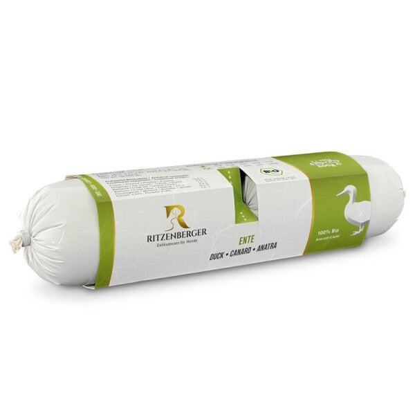 Ritzenberger Bio Hundenassfutter Ente mit Amaranth – Getreidefreies Bio-Menü mit hochwertigem Entenfleisch, Innereien, Amaranth und Bio-Gemüse für ernährungssensible Hunde.