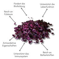 Rote Beete-Flocken auf einem Teller, umgeben von erklärenden Pfeilen mit Infos zu den Nahrungsvorteilen – pflanzliches Eiweiß, ungesättigte Fettsäuren, Eisen, Vitamine und Ballaststoffe zur Unterstützung der gesunden Haustierernährung.