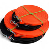 Schleppleine aus BioThane® für Hunde in Neonorange und Schwarz, 9mm breit, handgefertigt, wasserfest, langlebig und pflegeleicht. Ideal für kontrollierten Freilauf, erhältlich in 5m und 10m Längen. Robustes Material, das sich nicht mit Wasser oder Schmutz vollsaugt, und in verschiedenen Farben verfügbar.