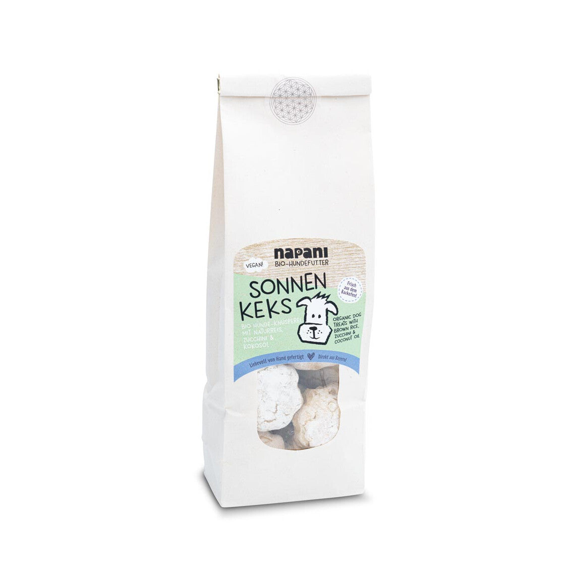 "Sonnen-Kekse für Hunde – vegane Snacks aus Bio-Dinkelmehl, Naturreis, Zucchini und Kokosöl, handgefertigt und ohne künstliche Zusätze."