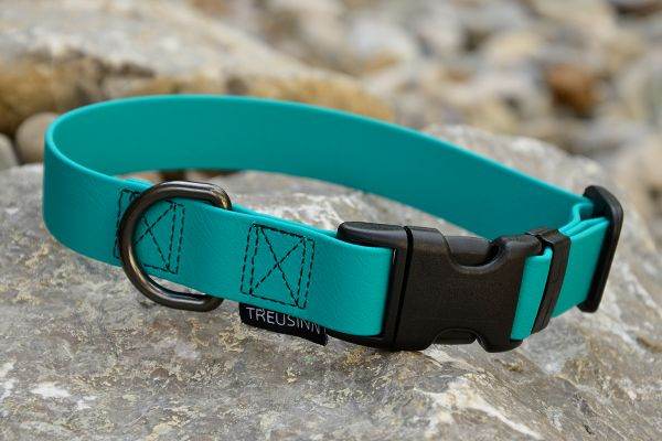Treusinn Biothane Halsband 25mm Super Stay in Türkis – langlebiges, wasserfestes Hundehalsband aus recyceltem Biothane® mit robustem Klickverschluss