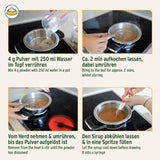 Eine Anleitung zur Zubereitung eines Sirups aus Pulver. Zuerst wird 4 g Pulver mit 250 ml Wasser in einem Topf vermischt. Dann wird die Mischung 2 Minuten lang unter Rühren zum Kochen gebracht. Nach dem Kochen wird der Topf vom Herd genommen und weiter gerührt, bis sich das Pulver vollständig aufgelöst hat. Anschließend lässt man den Sirup abkühlen und füllt ihn in eine Spritze.