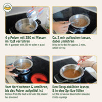 Eine Anleitung zur Zubereitung eines Sirups aus Pulver. Zuerst wird 4 g Pulver mit 250 ml Wasser in einem Topf vermischt. Dann wird die Mischung 2 Minuten lang unter Rühren zum Kochen gebracht. Nach dem Kochen wird der Topf vom Herd genommen und weiter gerührt, bis sich das Pulver vollständig aufgelöst hat. Anschließend lässt man den Sirup abkühlen und füllt ihn in eine Spritze.