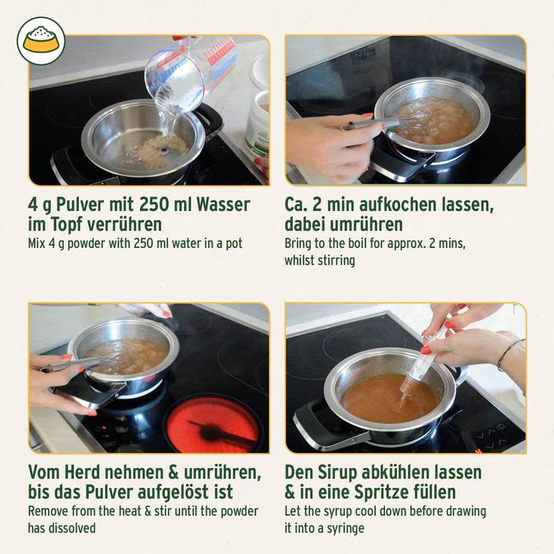 Eine Anleitung zur Zubereitung eines Sirups aus Pulver. Zuerst wird 4 g Pulver mit 250 ml Wasser in einem Topf vermischt. Dann wird die Mischung 2 Minuten lang unter Rühren zum Kochen gebracht. Nach dem Kochen wird der Topf vom Herd genommen und weiter gerührt, bis sich das Pulver vollständig aufgelöst hat. Anschließend lässt man den Sirup abkühlen und füllt ihn in eine Spritze.