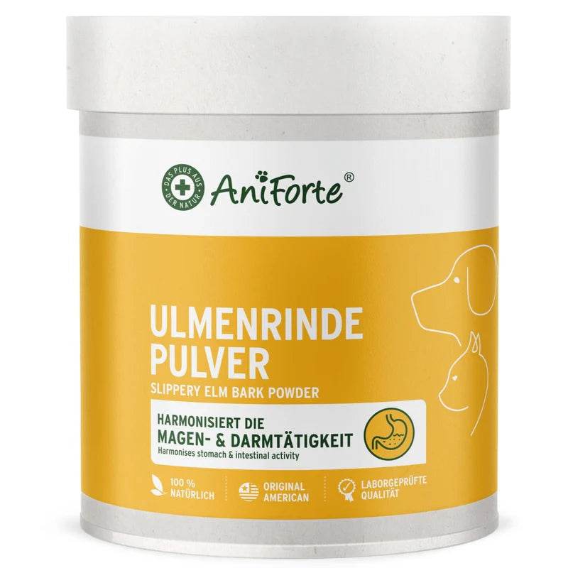 Dose mit "Ulmenrinde Pulver" von AniForte, einem Nahrungsergänzungsmittel zur Harmonisierung der Magen- und Darmtätigkeit für Tiere. Das Etikett ist gelb mit weißen und grünen Akzenten und zeigt das Bild eines Hundes und einer Katze. Der Text auf der Dose betont die 100% natürliche Herkunft und die geprüfte Qualität.