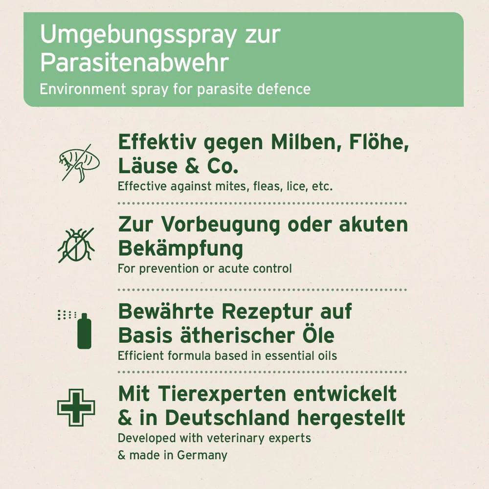 Aniforte Umgebungsspray zur Parasitenabwehr, effektiv gegen Milben, Flöhe, Läuse und andere Schädlinge, entwickelt mit ätherischen Ölen, für Vorbeugung und Bekämpfung, hergestellt in Deutschland.