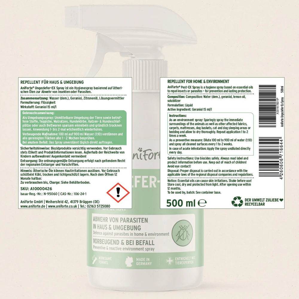 Gebrauchsanweisung und Inhaltsstoffe des Aniforte® Ungeziefer-EX Sprays, das für die Abwehr von Parasiten in Haus und Umgebung verwendet wird.
