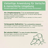 Anleitung zur vielseitigen Anwendung eines Sprays in tierischen und menschlichen Umgebungen, einschließlich Anwendung als Umgebungs- und Vorbeugungsmaßnahme sowie bei akutem Befall.