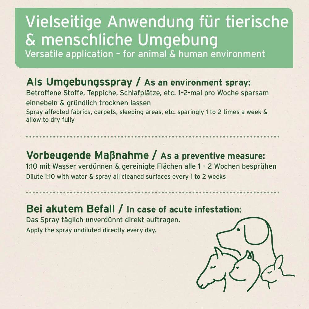 Anleitung zur vielseitigen Anwendung eines Sprays in tierischen und menschlichen Umgebungen, einschließlich Anwendung als Umgebungs- und Vorbeugungsmaßnahme sowie bei akutem Befall.