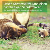 Ein Hund und eine Katze spielen entspannt im Gras, während der Text "Unser Abwehrspray kann einen nachhaltigen Schutz bieten" angezeigt wird, was auf die langanhaltende Schutzwirkung des Abwehrsprays hinweist.