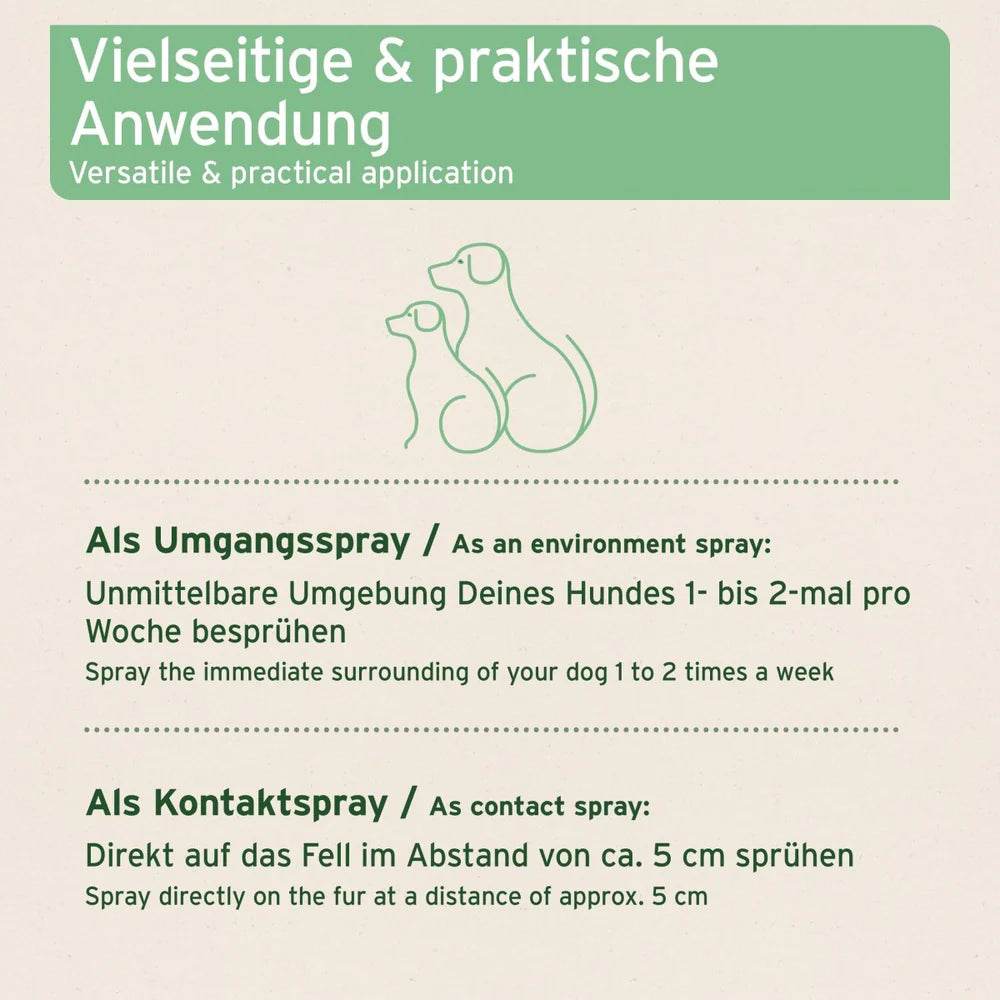  Vielseitige und praktische Anwendung des Zeckensprays für Hunde: Als Umweltspray zur Besprühung der unmittelbaren Umgebung des Hundes 1- bis 2-mal pro Woche und als Kontaktspray direkt auf das Fell im Abstand von ca. 5 cm.
