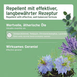 Repellent mit effektiver, langbewährter Rezeptur, enthält wertvolle ätherische Öle wie Schwarzkümmel, Teebaum, Zitroneneukalyptus und Lavendel, sowie wirksames Geraniol.