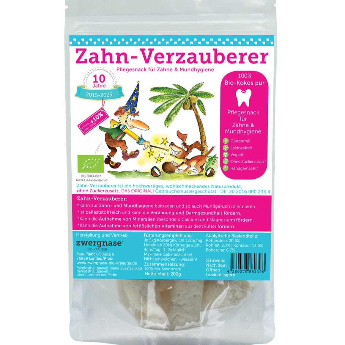 Zwergnase® Zahn-Verzauberer – veganer Zahnpflege-Snack für Hunde aus 100 % Bio-Kokosmark zur natürlichen Zahnsteinprophylaxe und frischem Atem